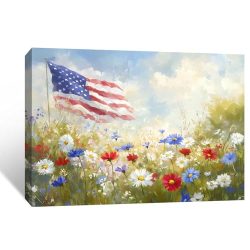 Image of Patriotic Wall Art Decorations, 4th of July American Flag Vintage Canvas Print Picture Framed, for Rustic Americana Home Living Room Decor