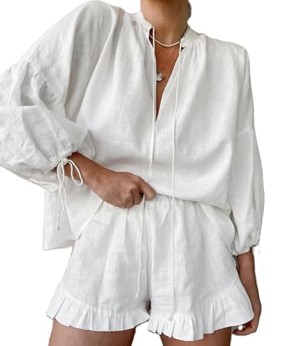 Mxiqqpltky Linen Shorts Sets Women 2 Piece Outfits Long Sleeve Tie Front Tops and Ruffled Boxer Shorts Matching Lounge Sets