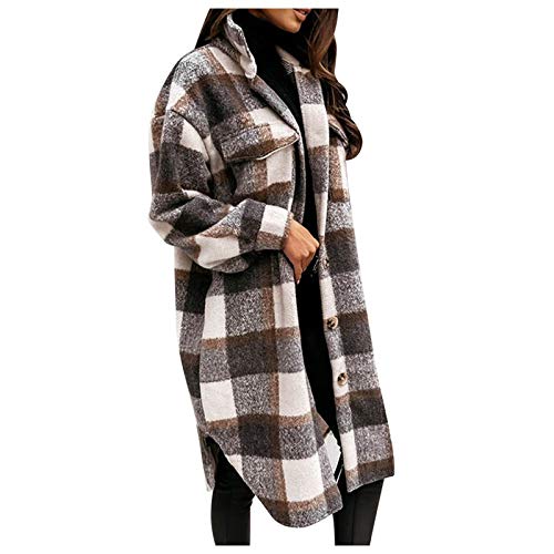 Bomden Womens Long Sleeve Plaid Print Button Open Front Cardigan Outerwear Blouse Tops Tee Shirts Spring Casual Loose Gray