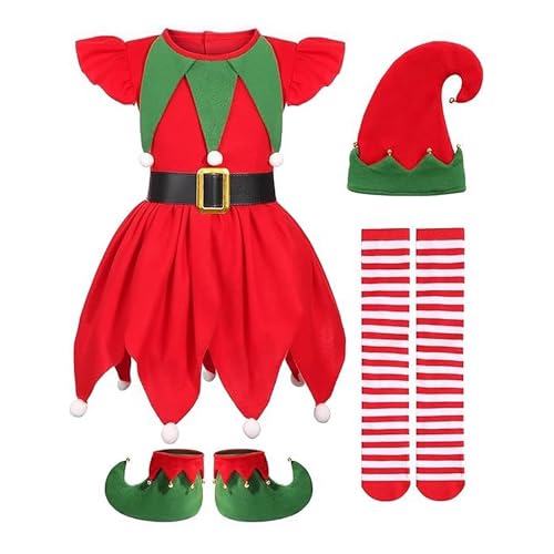 Disfraz de duende de Navidad para niños, disfraz de elfo de Navidad, bebe, vestido de elfo de Navidad, ropa con falda, sombrero, calcetines cosplay conjunto completo con gorro para carnaval, fiesta