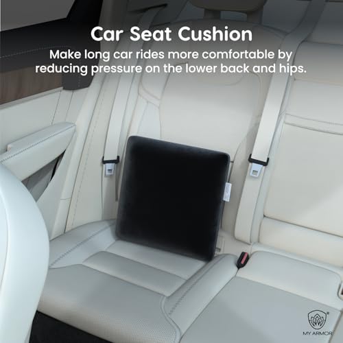 Image of MYARMOR Memory Foam Square Cushion for Car, Sofa /Diwan, Bed, Chair & Decoration | Highly Durable, Hypoallergenic | Velvet Cover | Black, Pack of 2 [12 inchx 12 inch x 4 inch]