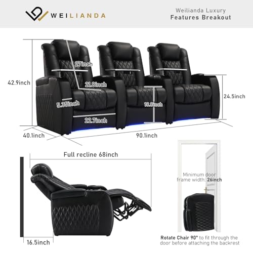 Weilianda Home Theater Seating Top Grain Leather Zero Gravity Recliner Chair Power Headrest Recline Movie Seat Gaming 7 Colors Mood Light Sofa with Tray Table USB Charge Row of 3 Black