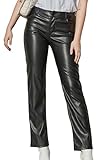 Balleay Art Faux Leather Pants for Women, Straight Leg Mid Waist Butt Lift Elastic Black Pants with 5 Pockets (Black, Medium)