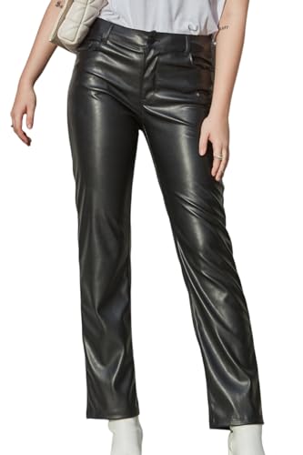 Balleay Art Faux Leather Pants for Women, Straight Leg Mid Waist Butt Lift Elastic Black Pants with 5 Pockets