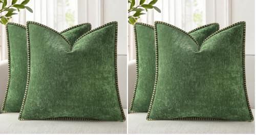 Image of decorUhome Fall Chenille Soft Cozy Throw Pillow Covers 18x18 Set of 2, Modern Farmhouse Boho Velvet Decorative Pillow Cases with Stitched Edge for Couch Sofa Bed Home Decor, Forest Green (Pack of 2)