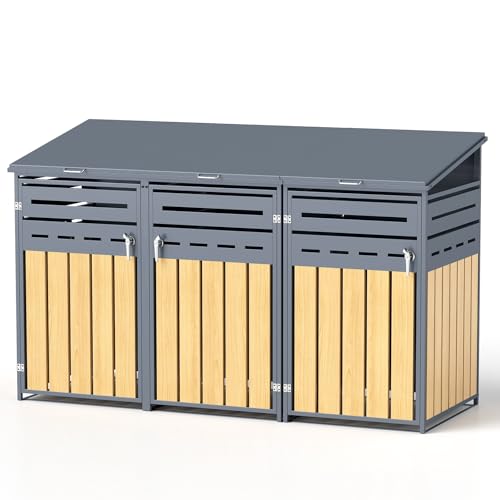 Mülltonnenbox für 3 Mülltonnen von 120-240 Litern, aus verzinktem Stahl in Anthrazit, abschließbare Gartenbox, Tonnenhaus, Müllbox mit schrägem Dach.