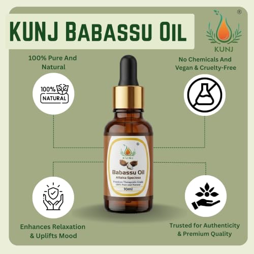 Image of KUNJ Babassu Oil 10ml - 100% Pure & Natural Cold Pressed Undiluted Carrier Oil for Hair, Skin, Face & Body Care | Lightweight Non-Greasy Moisturizing Oil | Fast Absorbing