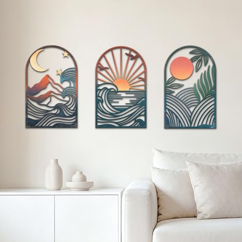 Image of GLOBLELAND 3 Pcs Boho Metal Minimalist Landscape Wall Decor Line Abstract Wall Art Sculpture Moon Star Vintage Hollow Out Metal Wall Decoration for Indoor Living Room Outdoor Art Museum Cafe Garden