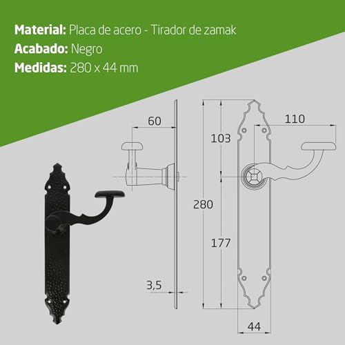 Miniatura 6 de Amig - Juego De Manillas Rústicas - Placa Martilleada - 280 X 45 Mm - Ideal Para Aumentar La Privacidad De Una Estancia - Placa De Acero Y Tirador De Zamak Negro