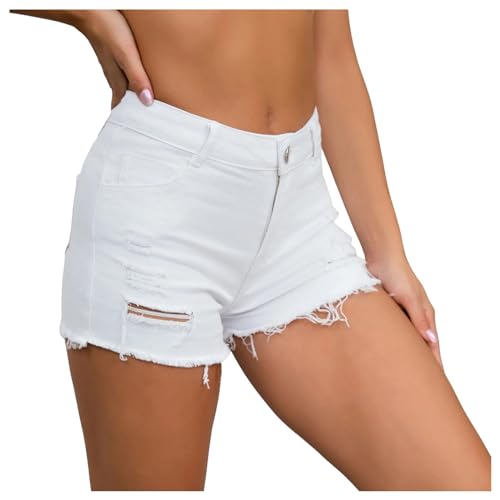 Pantalones cortos de mezclilla de verano para mujer, dobladillo de cintura alta, desgastados, rasgados, casuales para uso diario, blanco, M
