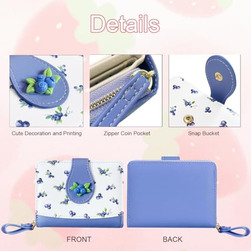 Cute Print Wallet Blueberry Strawberry Cherry Wallet with Credit Card Slot Zipper Coin Pocket for Women Girls (PURPLE)4