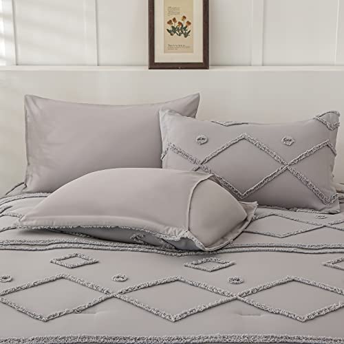 Wuruibo Tufted King Size Comforter Set,Grey Bed In A Bag 7 Pcs,Shabby Chic Jacquard Geometry Comforters King Size With Sheets,Soft Microfiber Bedding Comforter Set For All Season(Light Grey,King) #TOP6