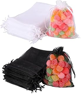 Yoosso 100Pcs 10x15CM(4 x 6 inches) Organza Bags, Medium Black and White Organza Gift Bags Mesh Wedding Favour Bags with Drawstring for Jewelry Makeup Candy Baby Shower Christmas Halloween Packing
