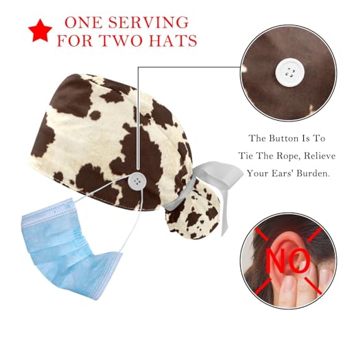 Image of 2 PCS Bouffant Cap with Button Ponytail Pouch Working Cap Sweatband Adjustable Surgical Cap Black and White Cow