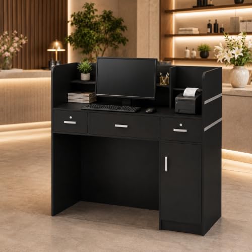 PREMTURE Empfangstresen Schwarz 120cm – Kassentresen mit 3 Schubladen (1 abschließbar), Tür & Ablagefächern – Verkaufstheke & Rezeptionstheke für Laden, Büro, Salon, 120×110×48cm
