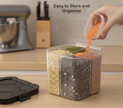 Image of Swaze Multipurpose Plastic 4 In 1 Masala Box for Kitchen, Spice Boxes for Kitchen, Transparent 4 Section Storage Containers Airtight Lock Grocery,Cereal,Dry Fruits Dabba 2000 ML (Black)