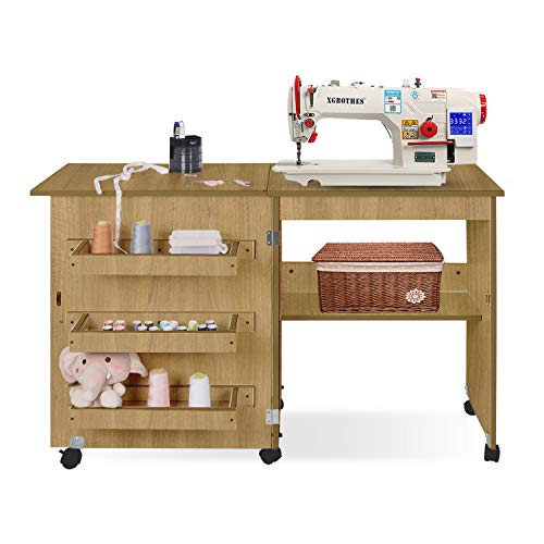 Folding Sewing Table Multifunctional Sewing Machine Cart Table Sewing Craft Cabinet Table with Storage Shelves Portable Rolling Sewing Desk Computer Desk with Lockable Casters (Walnut)