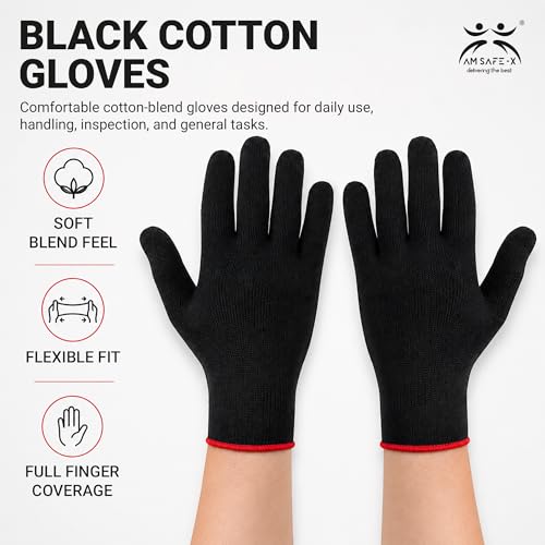 Image of AM Safe-X Premium Black Cotton Gloves for Men & Women | Lightweight Breathable Knitted Gloves | Soft Stretch Fit | Reusable Hand Protection for Driving, Gardening, Warehouse & General Use | 2 Pair
