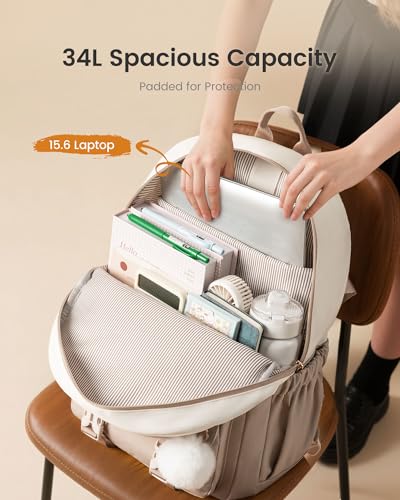 LOVEVOOK Schulrucksack Teenager Mädchen 10-18 Jahre, Rucksack Damen mit Großem Flaschenfach, Multi-Tasche Schulranzen Schultasche, Wasserdicht School Bag 15,6 Zoll Laptop für Schule Uni, Khaki Beige