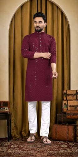 Image of Men's Lakhnawi Chikankari Kurta Set Cotton Ethnic Kurta Pajama for Men Wedding Festive Designer Indian Outfit Stylish Embroidered Kurta Set
