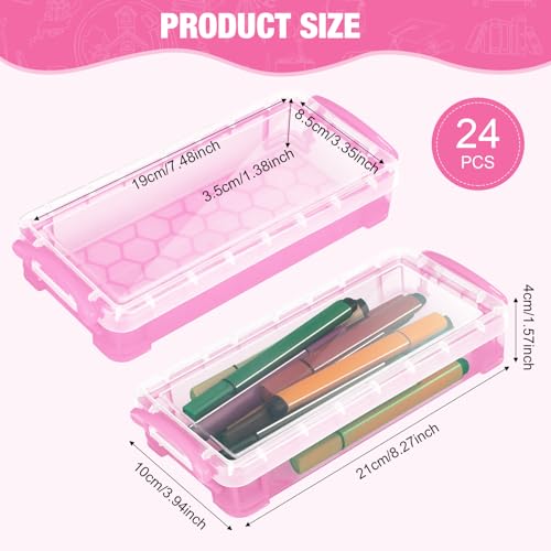 Image of Gueevin 24 Pcs Large Capacity Plastic Pencil Box Clear Plastic Pencil Case Crayon Box with Snap Tight Lid Watercolor Pen Storage Brush Organizer Drawing Tools Container (Light Pink)