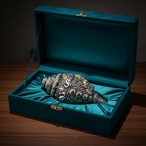 Image of 999 Pure Silver Plated & 24K Gold Plated Ganesh Shankh | Sacred 5.2 Inch Dual-Tone Conch Shell | Vastu Showpiece for Success & Wealth | Auspicious Pooja Gift.
