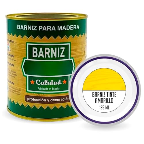Tradineur - Bote de Barniz para Madera - Fabricado en España - Ideal para todo tipo de Maderas, vigas, cerchas, marcos, etc. - Capacidad de 125 ML - Amarillo