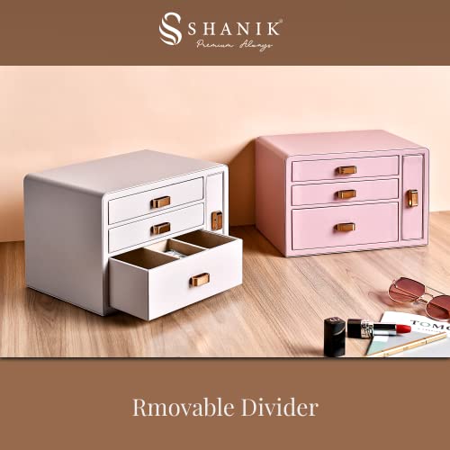 Shanik 4-Drawer Large Jewelry Box For Women With Faux Leather Exterior, Soft Velvet Lining, And Necklace Holder With Side Window, Storage Organizer For Rings, Bracelets, Necklaces, Grey #TOP3