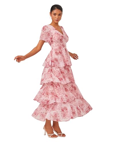 ADOR Women's Floral Summer Empire Waist V Neck Casual Long Flowy Chiffon Maxi Dress Ruffle Tiered Short Sleeve A-line Dreses