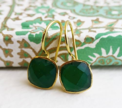 Green Onyx Drop Earrings for Women – Gold Plated 925 Sterling Silver Cushion Cut Gemstone Dangles – Lightweight Handmade Hypoallergenic Jewelry Gift - aretes verdes (Green Onyx)4