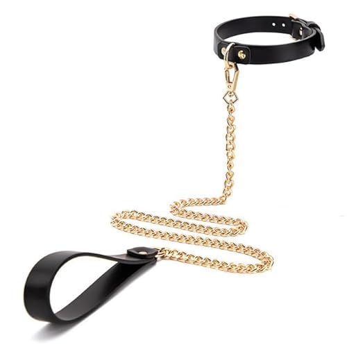 JIAHG Halsfessel Halskette mit O-Ring Slave Halsband Bondage PU Leder Fetisch SM Fesseln Halsbänder Leine Ketten Flirt Erwachsene Sexspielzeug für Paar Frau Damen (Halsband mit Gold Ketten)