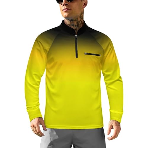 Mens Long Sleeve Mesh Fishing Shirts Yellow Black Gradient Rash Guard Fishing Running Tshirt Sun Protection Tee