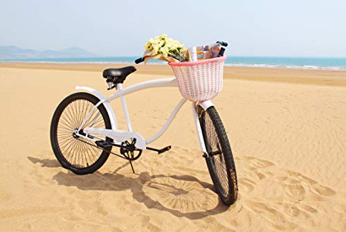 Colorbasket 01334 Adult Front Handlebar Bike Basket, All Weather, Water Resistant, Adjustable Leather Straps, White With Pink Trim #TOP4