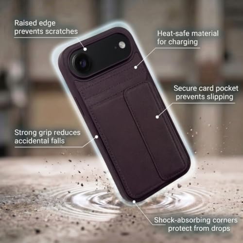 Image of amazon basics Luxury Vegan Leather Back Cover for iPhone 17 Air | Built-in Card Holder Slot | Integrated Mobile Stand | Slim Shockproof Protective Case with Stitched Finish - Purple