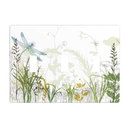 Wild Flower Dragonfly 3 Gang Toggle Light Switch Cover Plates Decorative Electric Outlet Covers Decorator Wall Switch Plate Receptacle Plug Covers 6.38 * 4.5 Inches by OHZOLLAN - Used condition - US$12.60