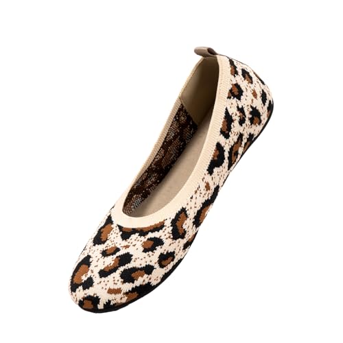 Women’s Ballet Flat Shoes Knit Shoes Round Toe Slip On Ballerina Walking Flats Shoes Black Leopard Comfortable Shoes3