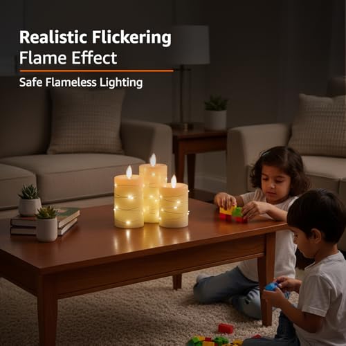Image of amazon basics LED Candles with String Light Effect, Set of 3 (8X10 CM, 8X12.5 CM, 8X15 CM), Ivory Wax Pillars, Flickering Warm Flame, Remote & Timer, Flameless Decorative Lighting