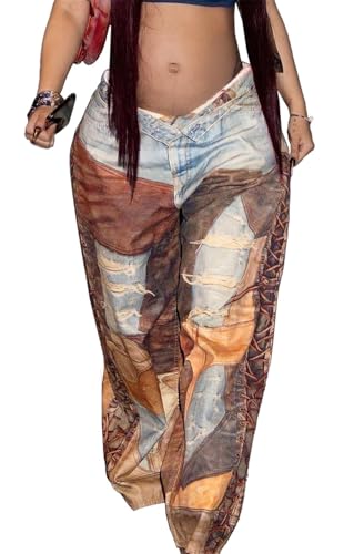 Womens Sexy High Waist 3D Denim Printed Loose Casual Pants BF Pants Leisure Trousers