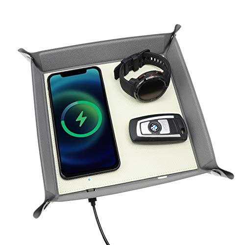 Valet Tray with Wireless Charger, PU Leather Nightstand Catchall Tray with Wireless Charging Pad for Smartphones, Men Women Desk Bedside Storage Tray Jewelry Key Coin Wallet Office/Home Use, Gray