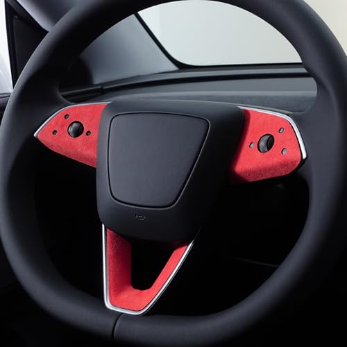 GZXinWei Sporty Interior Steering Wheel Panel Accent for Alcantara Tesla New Model Y 2025 2026 Red Italian Suede Upgrade Trim Cover Sticker Dynamic Redesign