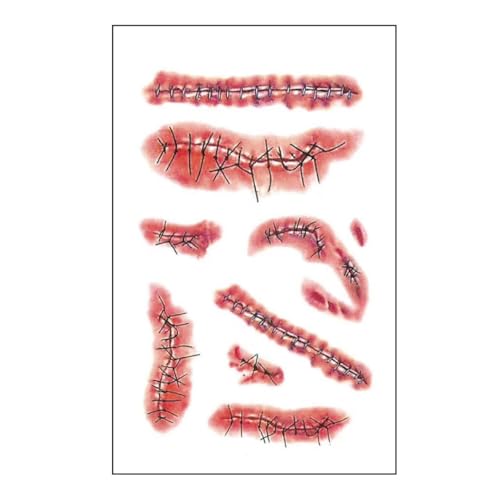 Fake Scars,Zombie Scars Tattoos - 6 Pack Realistic Scar Tattoos with Chucky Stitches