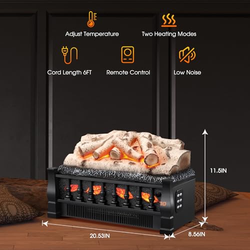 R.W.FLAME Electric Fireplace Log Set Heater 21IN, Remote Control, Flame Brightness Adjustable,Realistic Ember Bed,Overheating Protection for Home and Office Decor,1500W Whitish Gray logs