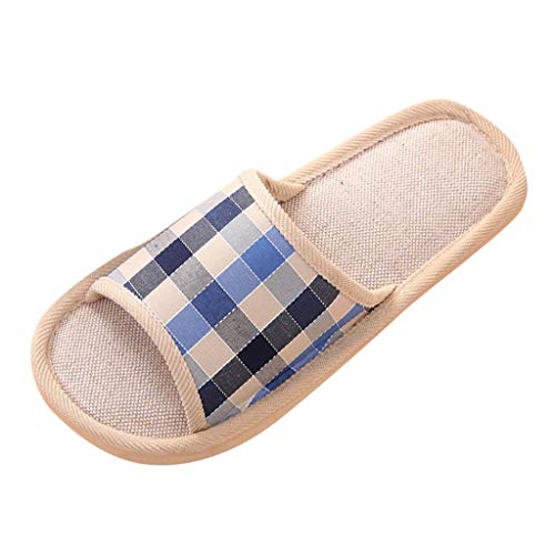 Men's Fashion Casual Couples Gingham Home Slippers Indoor Floor Flat Shoes Wide Slippers for Men, Blue, 12