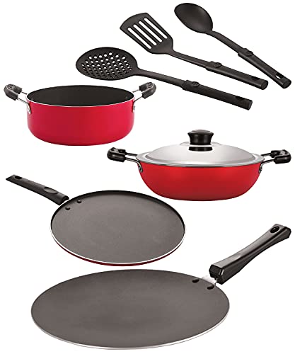 Image of Nirlon Nonstick Coated Aluminium 7 Pcs Set of Concave Tawa-28.5cm,Deep Kadhai-24cm,Casserole-22cm,Smart Tawa-29cm & 3 Spoon (2.6mm CT12 DKD(B) Cass22 ST12 3SPN)