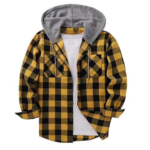 Mens Classic Plaid Jacket Button Down Hooded Sweatshirt with Chest Pocket Long Sleeve Casual Stylish Hoodies