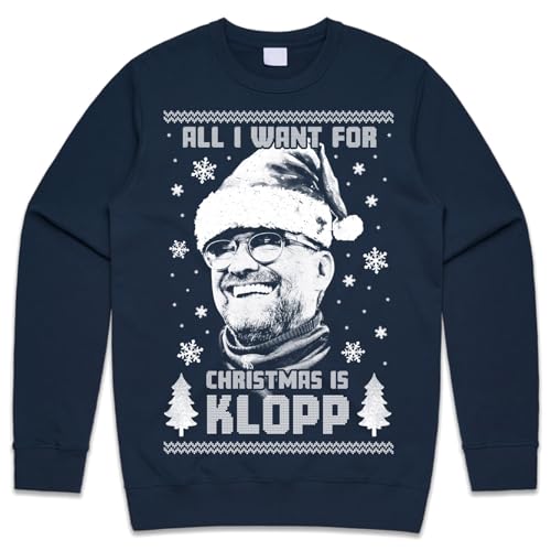 Image of Sanfran Clothing All I Want For Christmas Is Klopp Christmas Jumper Jurgen Liverpool Football Manager Ugly Xmas Gift Dad Son Unisex Sweater Sweatshirt Medium/Navy Blue