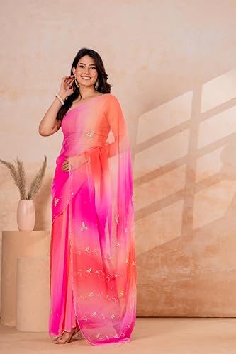 Image of Ombre Saree with Sequin Embroidery for Women | Pink Orange Gradient Saree | Wear, Festive and Occasion Saree with Blouse Piece | Pink | Pack of 1