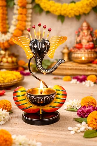 Image of Ganesha Iron Diya Holder - Handpainted Metal Tealight Candle Holder for Home Temple & Pooja Room | 11 Inch Decorative Showpiece, Diwali & Housewarming Gift (Black)