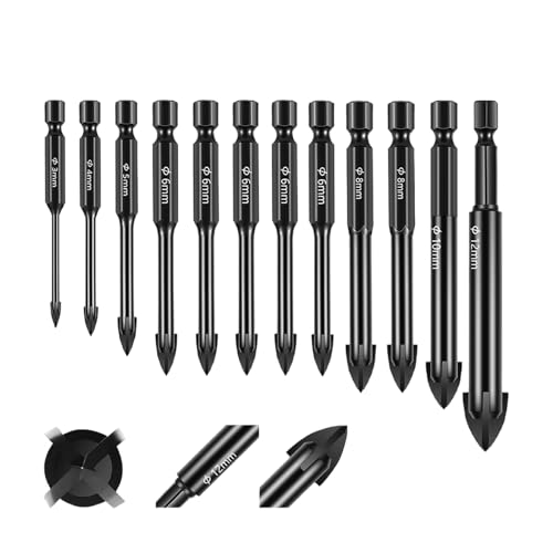 Drill Bits, Shockproof Hex Shank Drill Bit Set, Compact Alloy Carbide Multi Purpose Tool Kit with High Density for Cement, Ceramic, Metal, Glass, Wall, Wood Use, Black