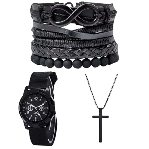 Davaco Set de Joyería Espiritual para Hombres – Reloj Minimalista Negro, Collar de Cruz y Pulseras de Cuero Vegano – Estilo Zen, Elegante y Ético – Ideal para Meditación y Mindfuln